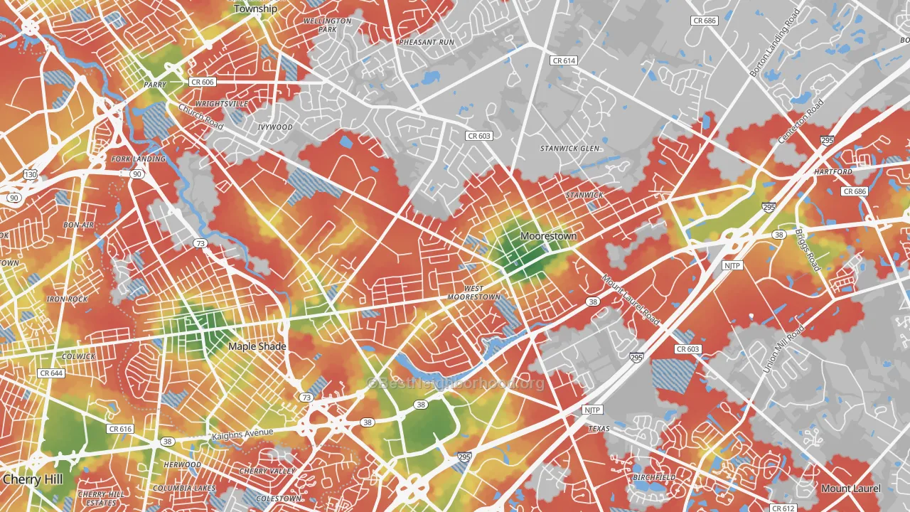 Walk Grade map of Moorestown-Lenola, NJ, walkable areas in green and car-dependent areas in red