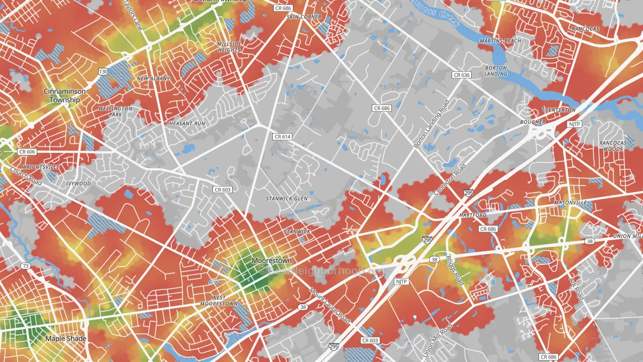 Walk Grade map of Moorestown, NJ, walkable areas in green and car-dependent areas in red