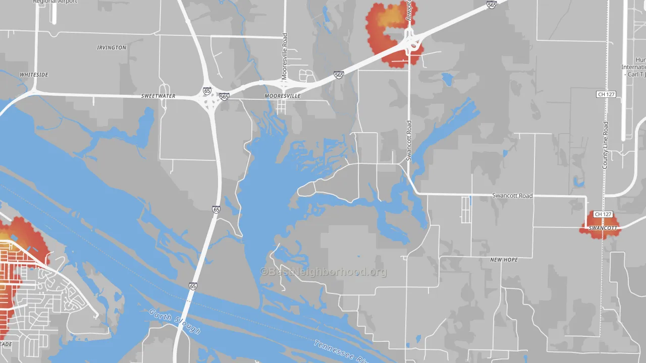 Walk Grade map of Mooresville, AL, walkable areas in green and car-dependent areas in red