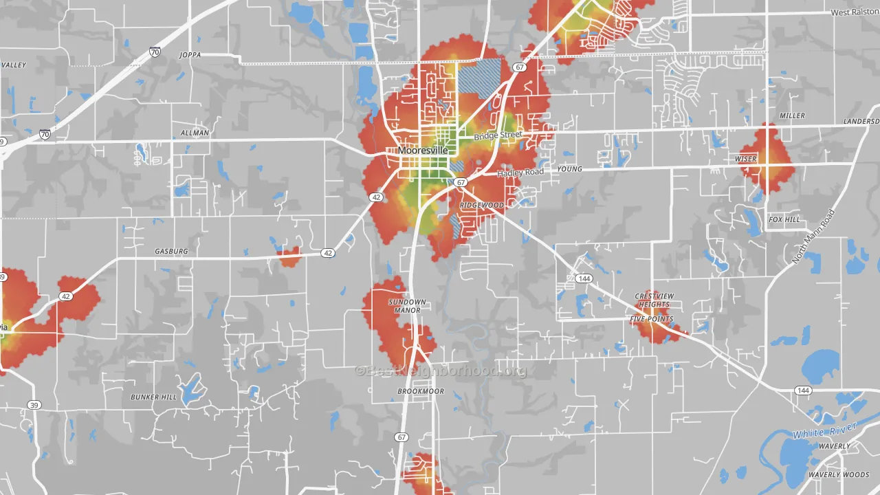 Walk Grade map of Mooresville, IN, walkable areas in green and car-dependent areas in red