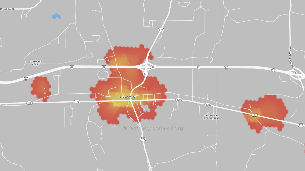 Walk Grade map of Mooresville, MS, walkable areas in green and car-dependent areas in red