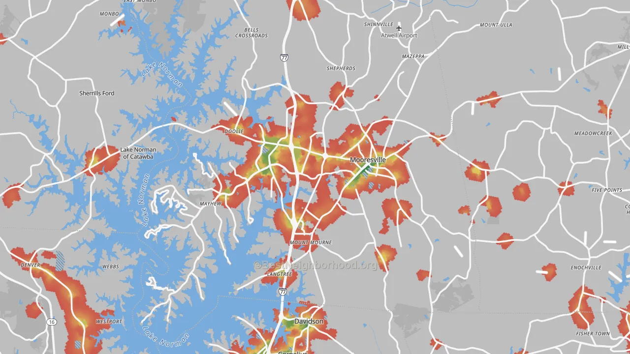 Walk Grade map of Mooresville, NC, walkable areas in green and car-dependent areas in red
