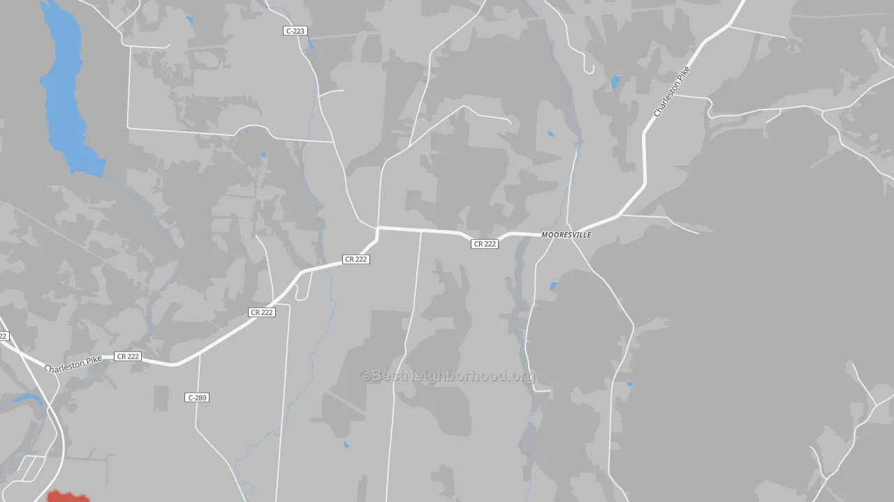 Walk Grade map of Mooresville, OH, walkable areas in green and car-dependent areas in red