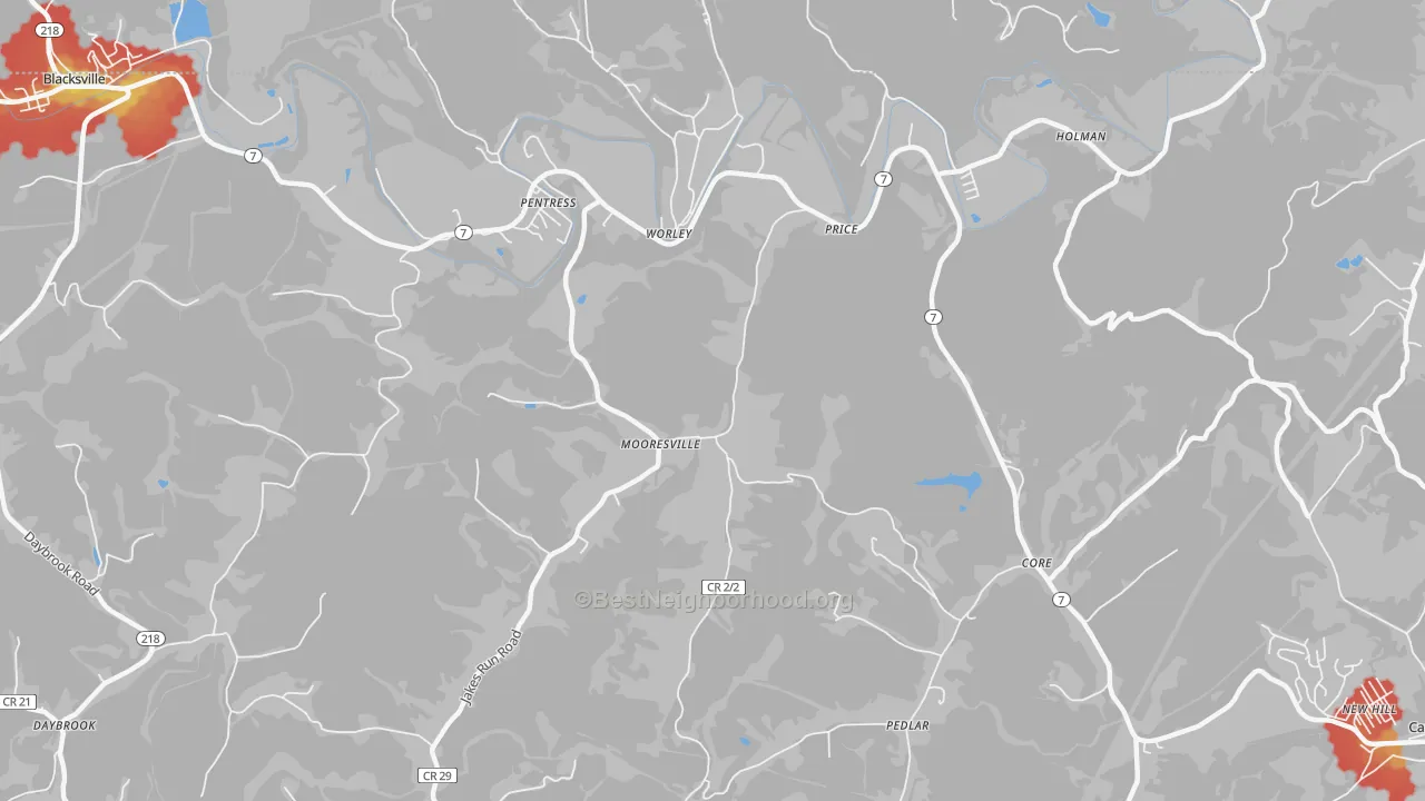 Walk Grade map of Mooresville, WV, walkable areas in green and car-dependent areas in red