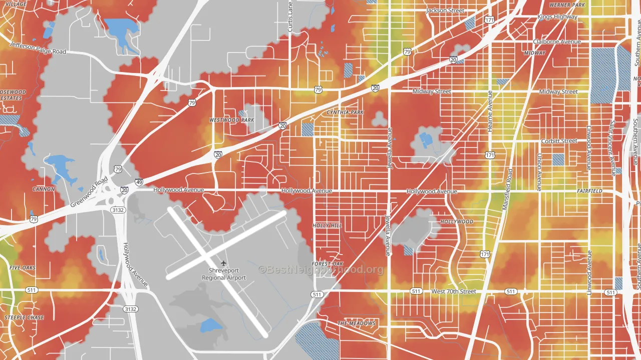 Walk Grade map of Mooretown and Hollywood Heights, Shreveport, LA, walkable areas in green and car-dependent areas in red