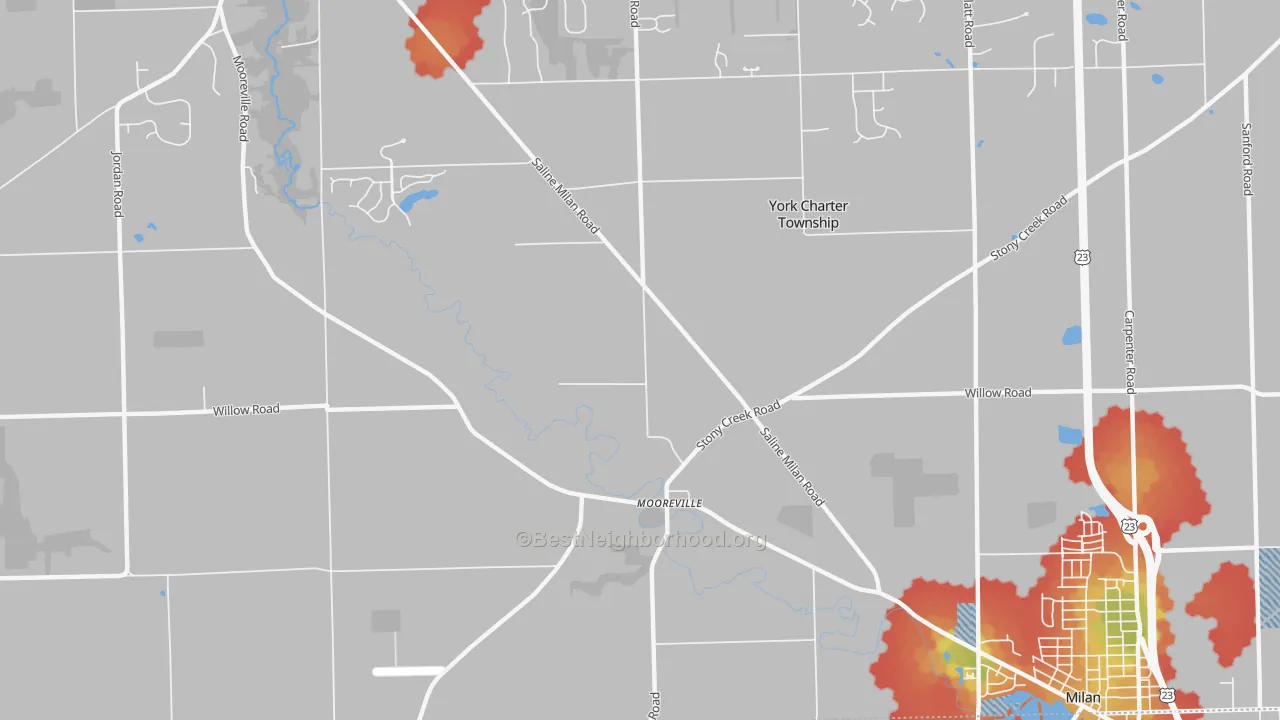 Walk Grade map of Mooreville, MI, walkable areas in green and car-dependent areas in red