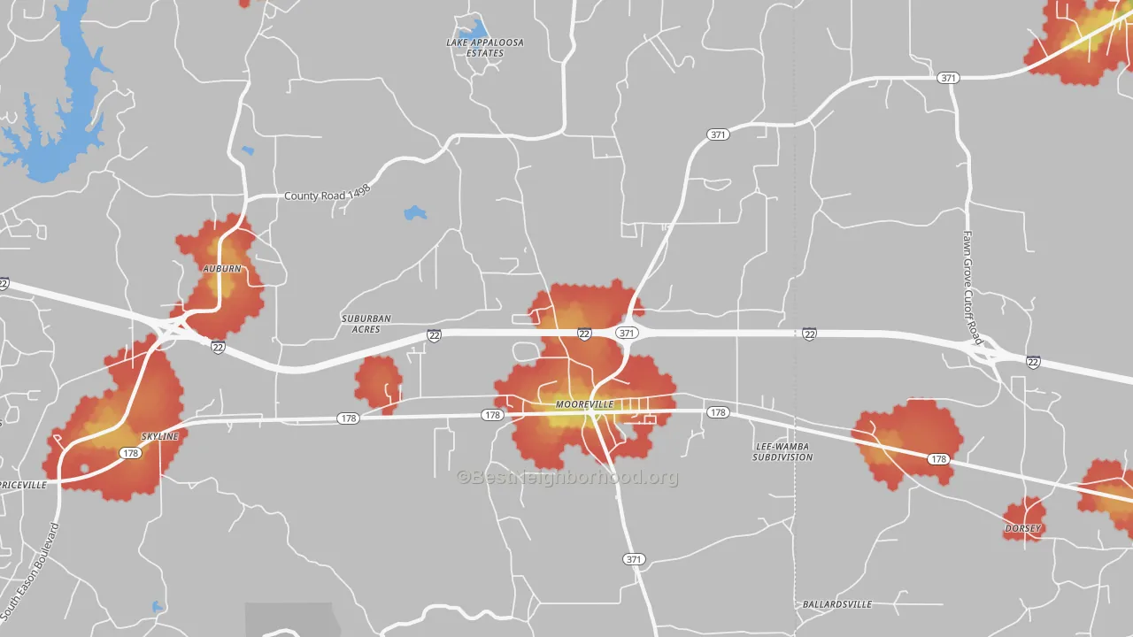Walk Grade map of Mooreville, MS, walkable areas in green and car-dependent areas in red