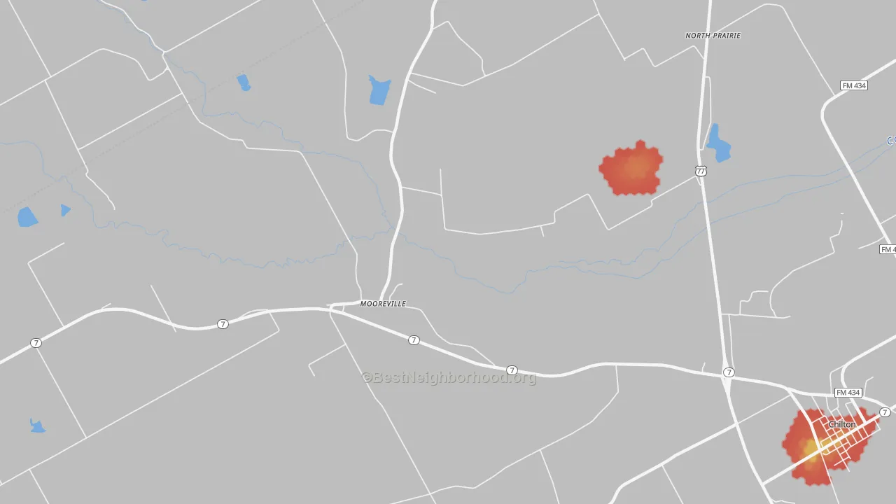 Walk Grade map of Mooreville, TX, walkable areas in green and car-dependent areas in red