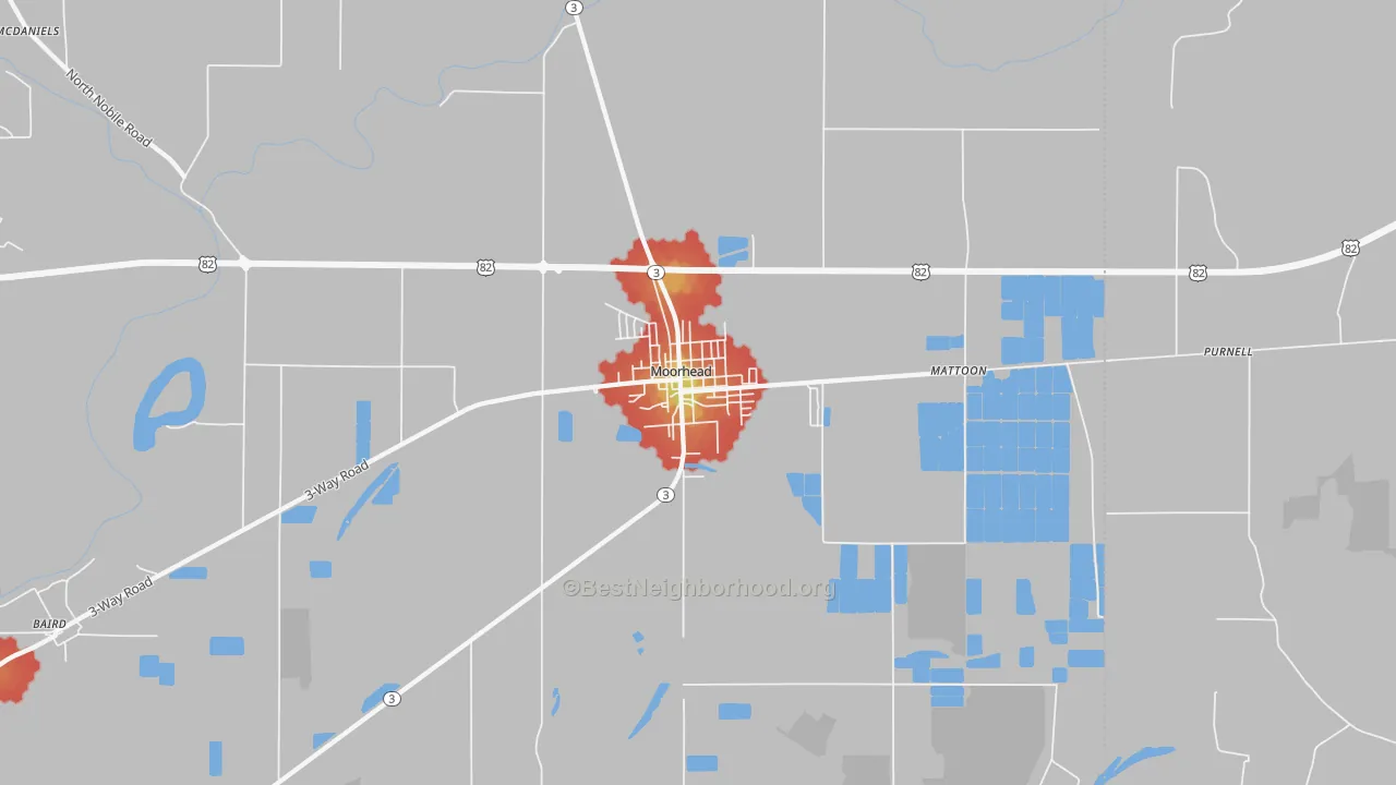 Walk Grade map of Moorhead, MS, walkable areas in green and car-dependent areas in red