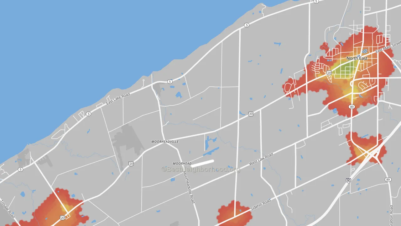 Walk Grade map of Moorheadville, PA, walkable areas in green and car-dependent areas in red