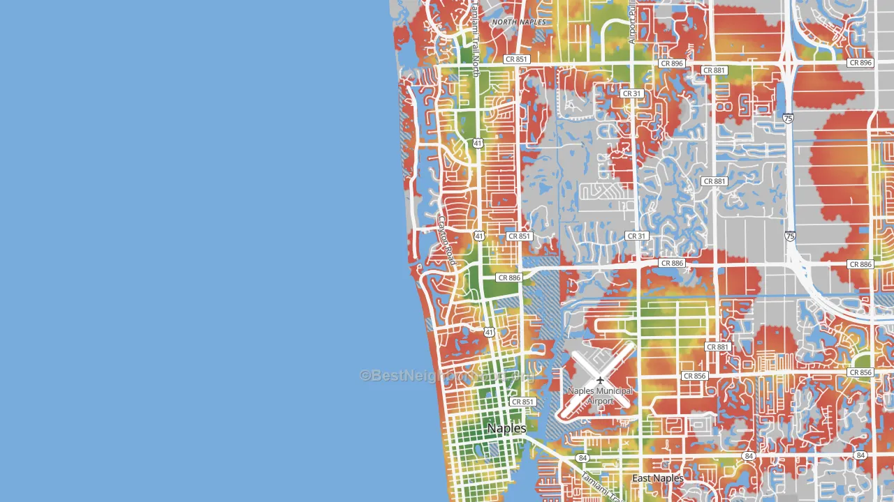 Walk Grade map of Moorings-Coquina Sands, Naples, FL, walkable areas in green and car-dependent areas in red