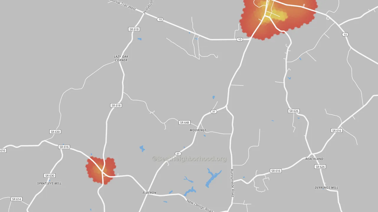 Walk Grade map of Moorings, VA, walkable areas in green and car-dependent areas in red