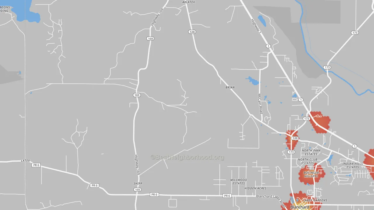 Walk Grade map of Mooringsport, LA, walkable areas in green and car-dependent areas in red