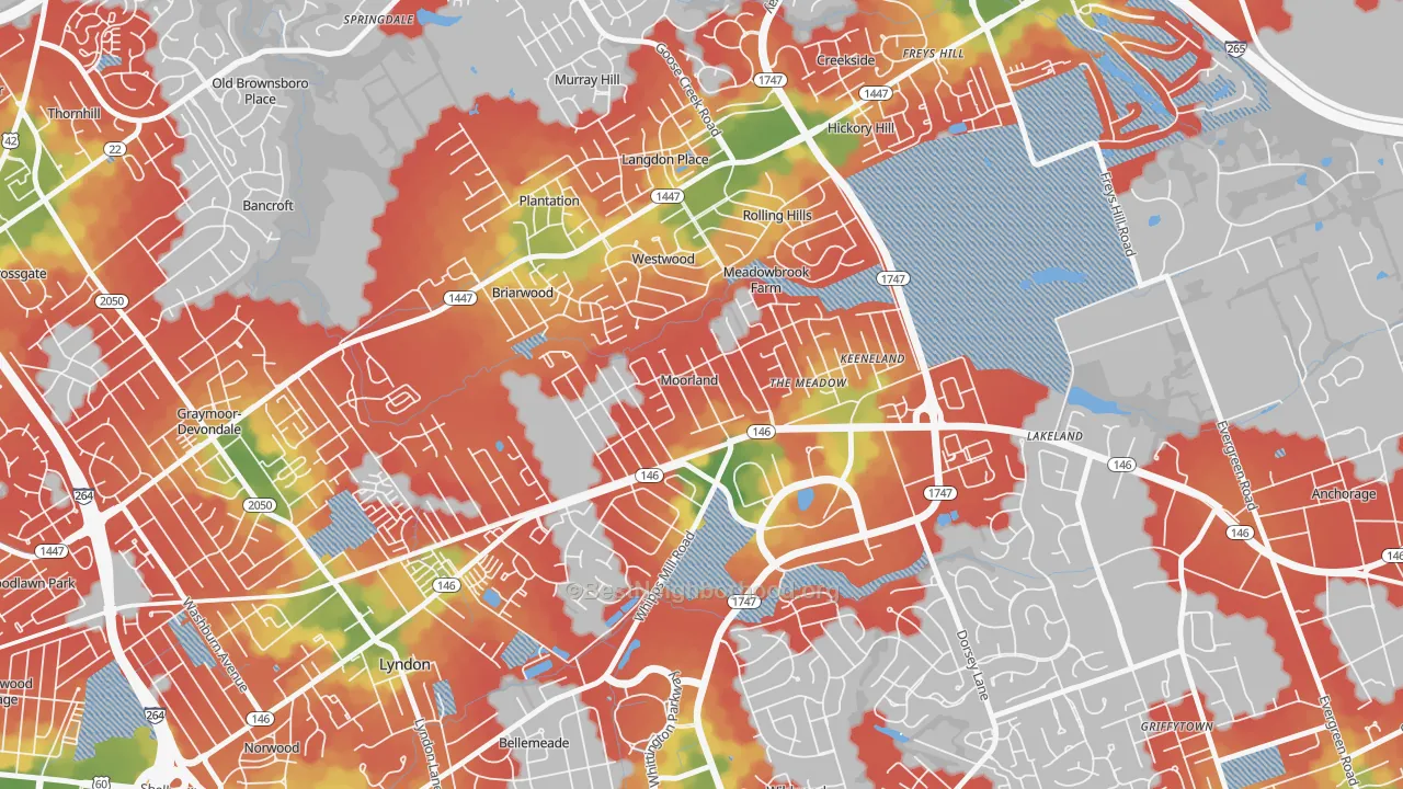 Walk Grade map of Moorland, KY, walkable areas in green and car-dependent areas in red