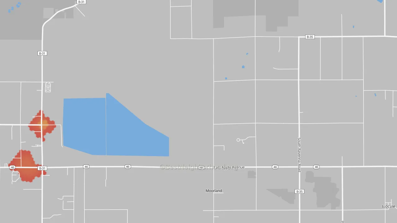 Walk Grade map of Moorland, MI, walkable areas in green and car-dependent areas in red