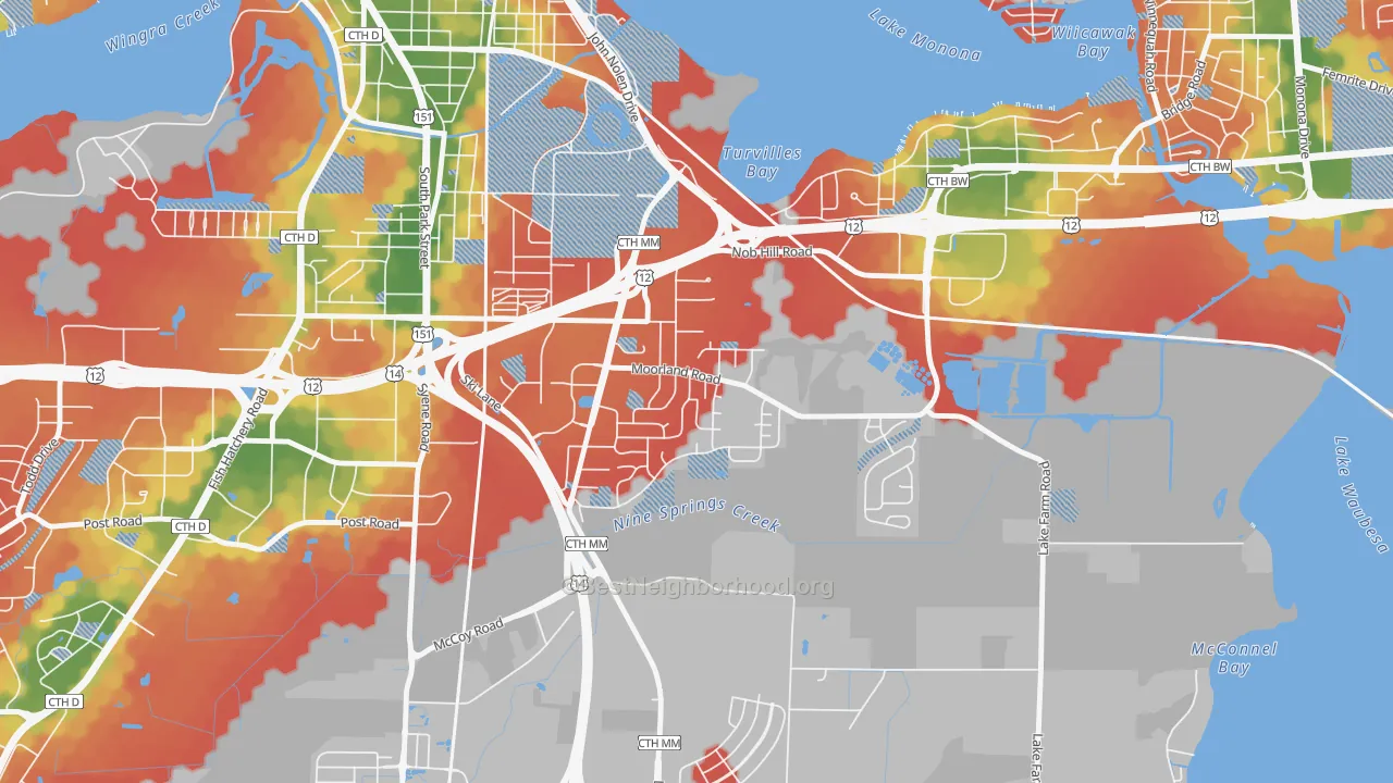 Walk Grade map of Moorland-Rimrock, Madison, WI, walkable areas in green and car-dependent areas in red