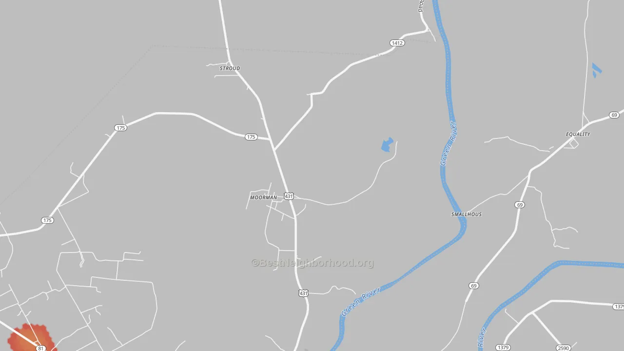 Walk Grade map of Moorman, KY, walkable areas in green and car-dependent areas in red