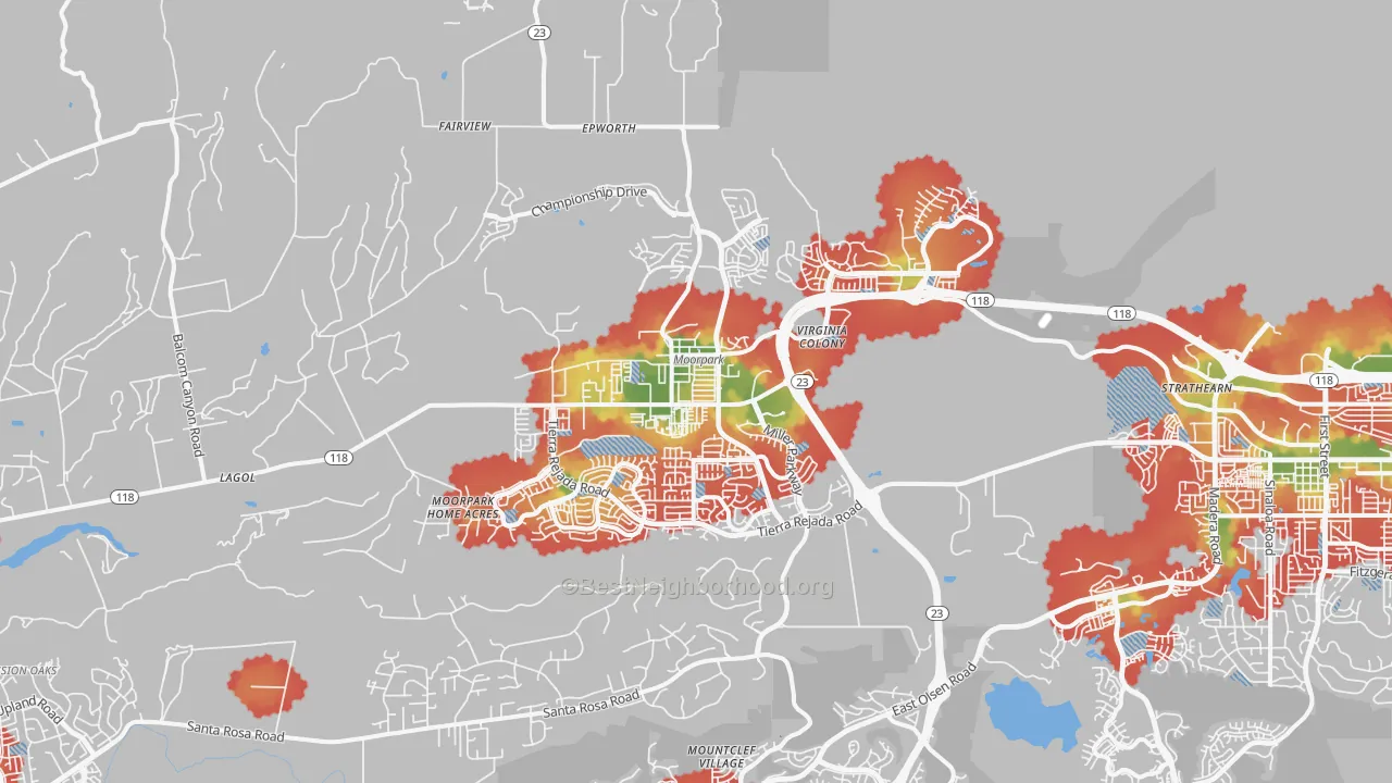 Walk Grade map of Moorpark, CA, walkable areas in green and car-dependent areas in red