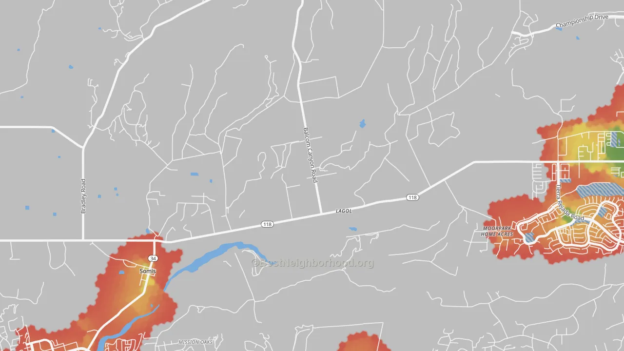 Walk Grade map of Moorpark Home Acres, CA, walkable areas in green and car-dependent areas in red