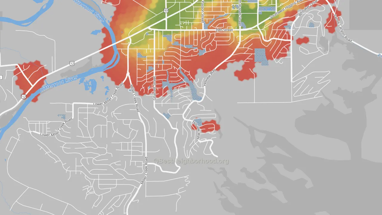 Walk Grade map of Moose Can Gully, Missoula, MT, walkable areas in green and car-dependent areas in red