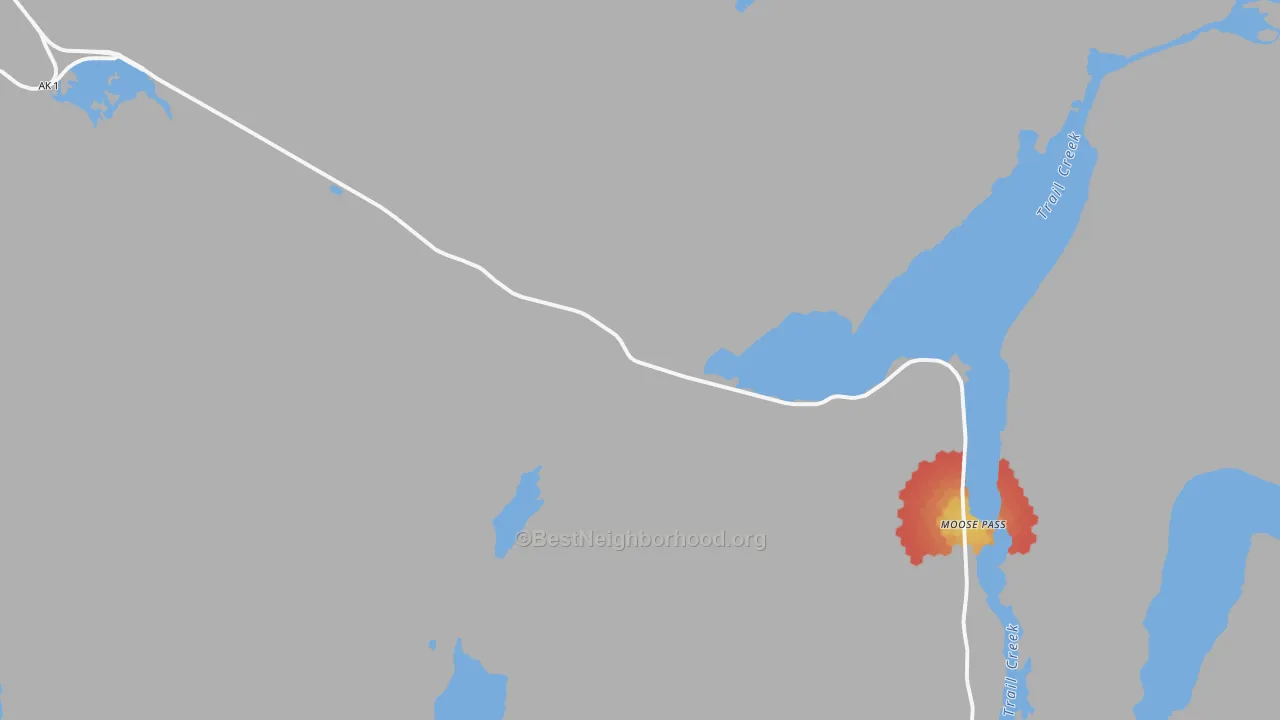 Walk Grade map of Moose Pass, AK, walkable areas in green and car-dependent areas in red