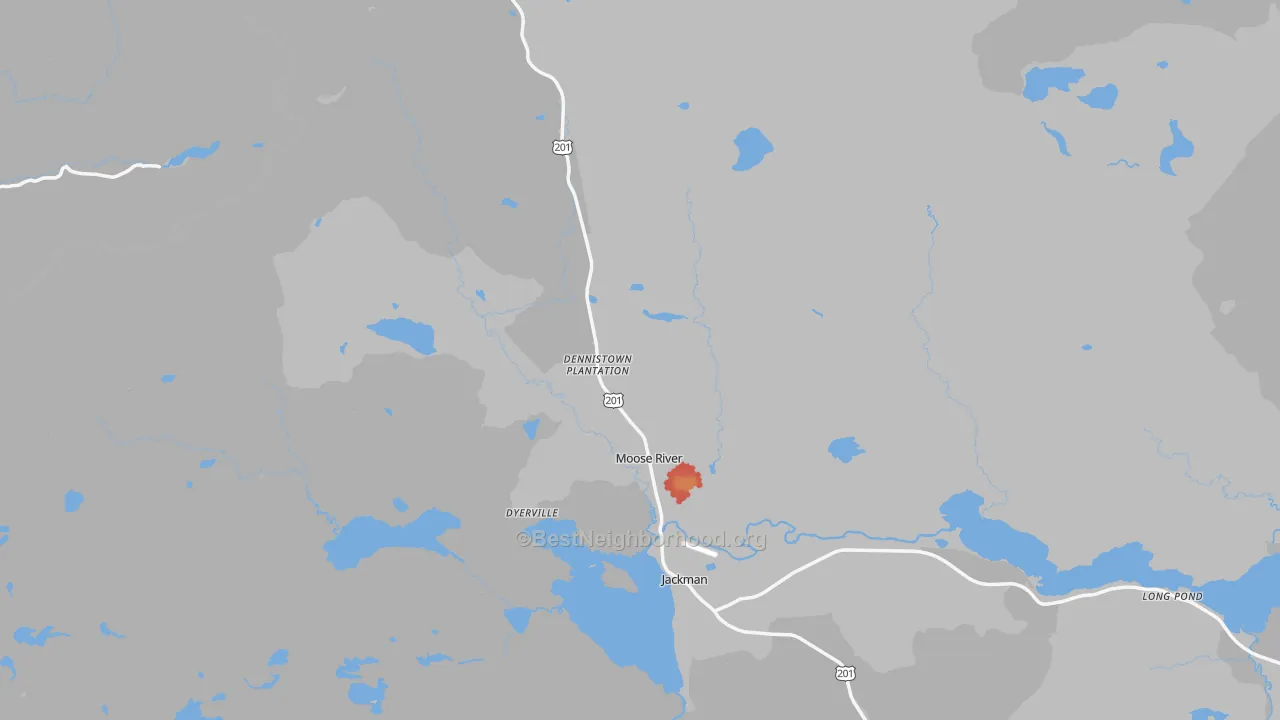 Walk Grade map of Moose River, ME, walkable areas in green and car-dependent areas in red