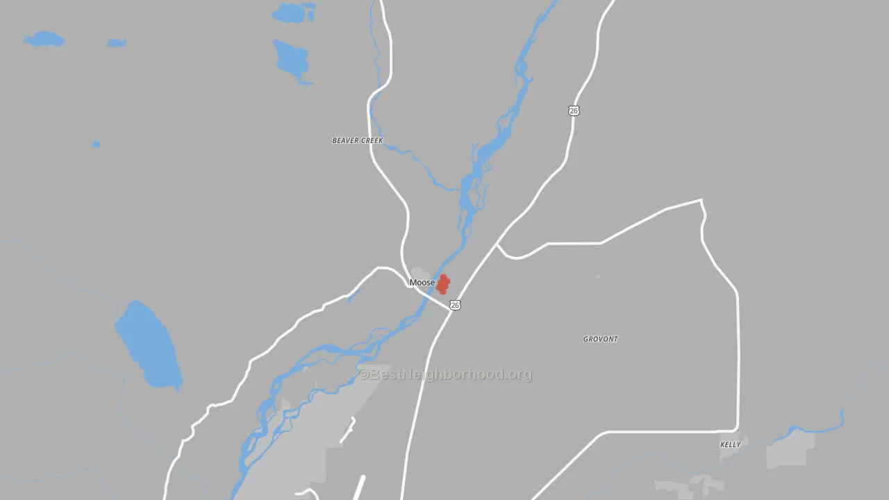 Walk Grade map of Moose, WY, walkable areas in green and car-dependent areas in red