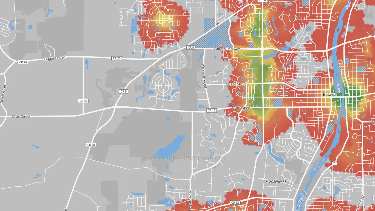 Walk Grade map of Mooseheart, IL, walkable areas in green and car-dependent areas in red