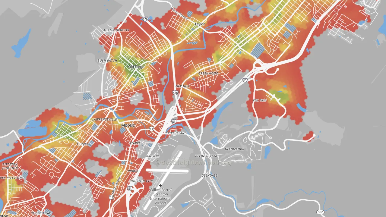 Walk Grade map of Moosic, PA, walkable areas in green and car-dependent areas in red