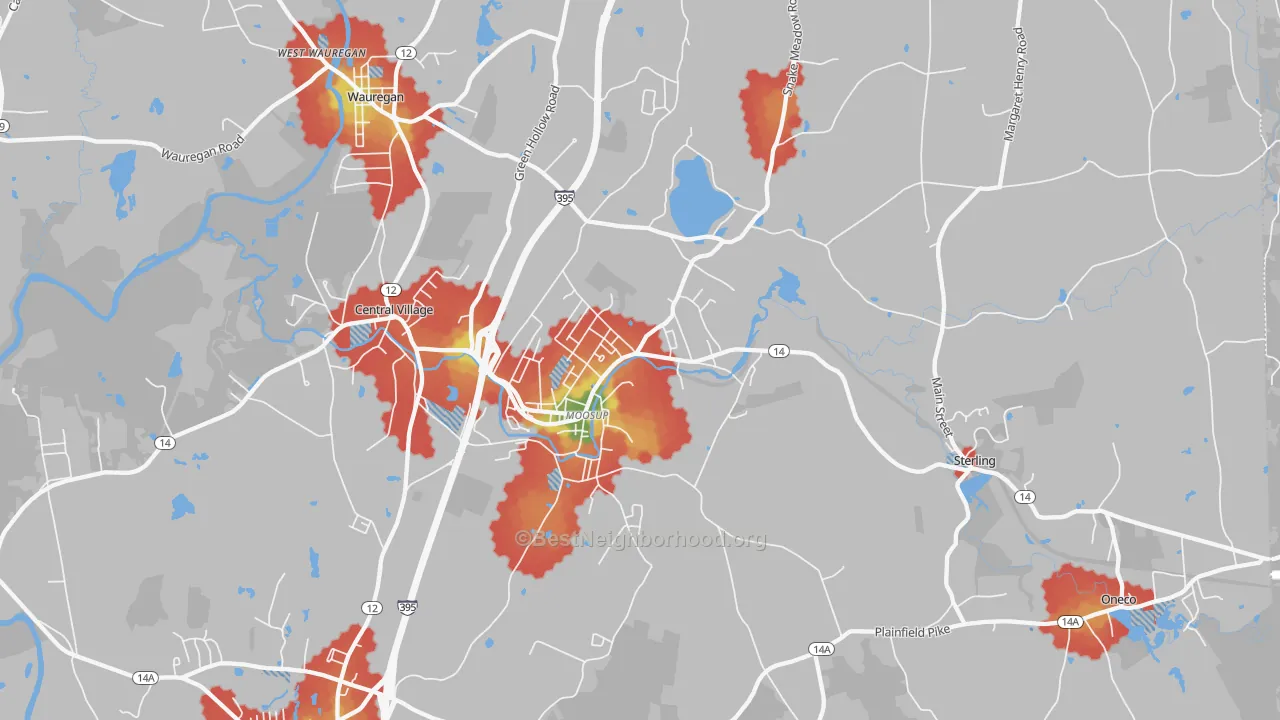Walk Grade map of Moosup, CT, walkable areas in green and car-dependent areas in red