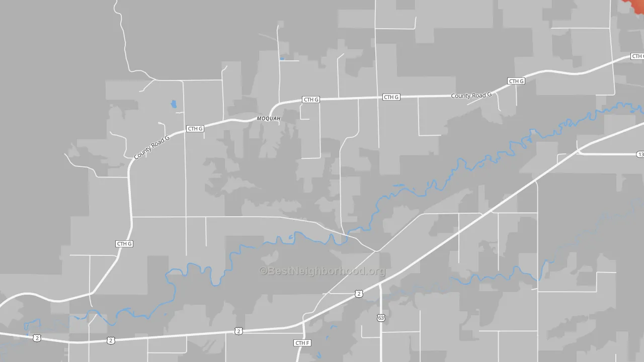 Walk Grade map of Moquah, WI, walkable areas in green and car-dependent areas in red