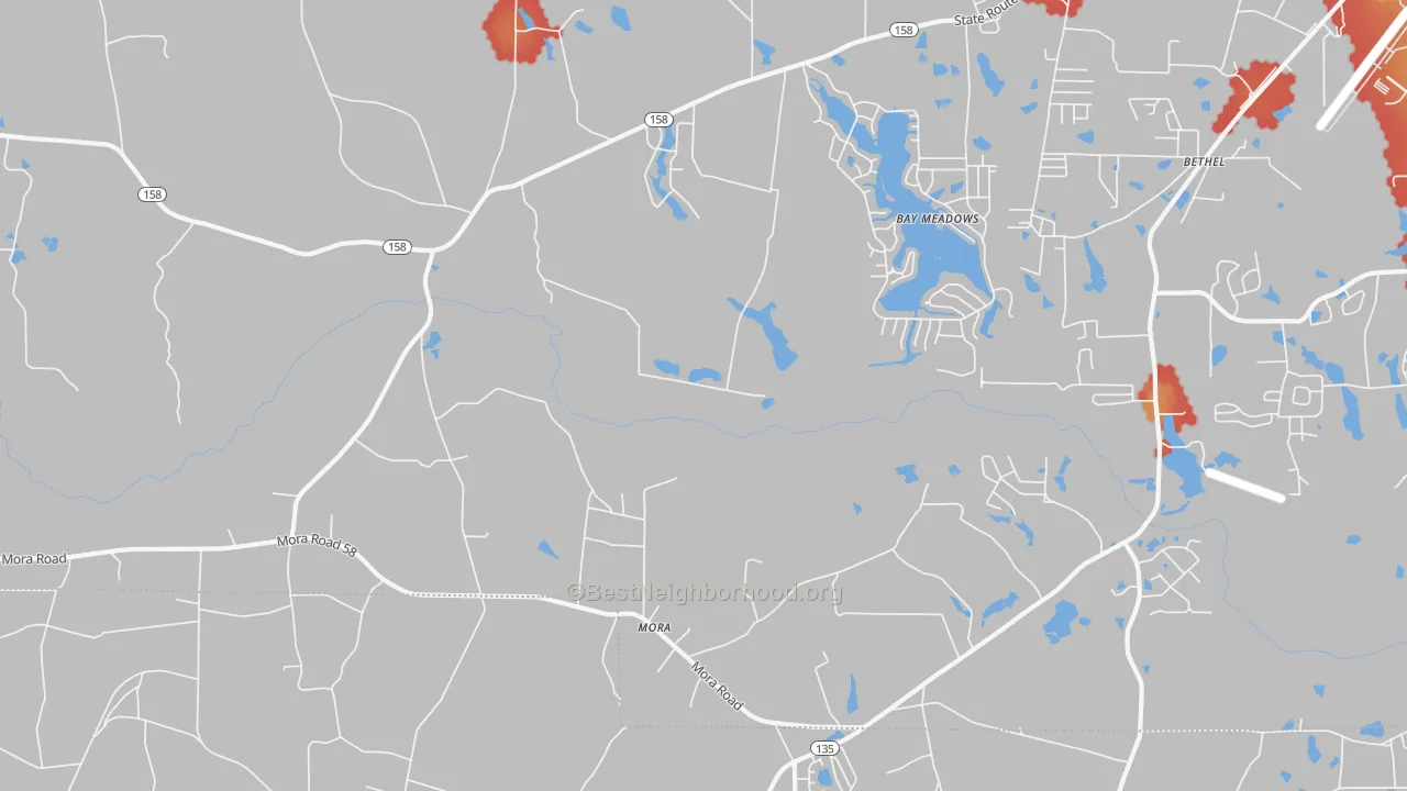 Walk Grade map of Mora, GA, walkable areas in green and car-dependent areas in red