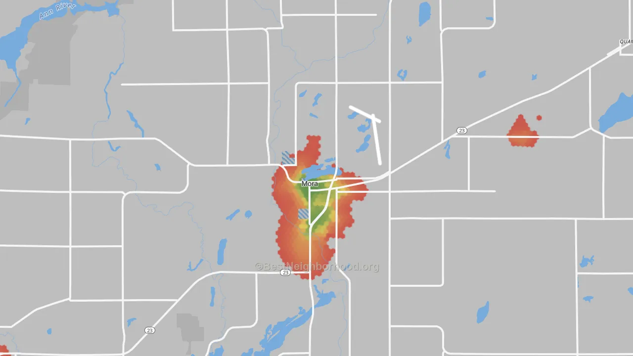 Walk Grade map of Mora, MN, walkable areas in green and car-dependent areas in red