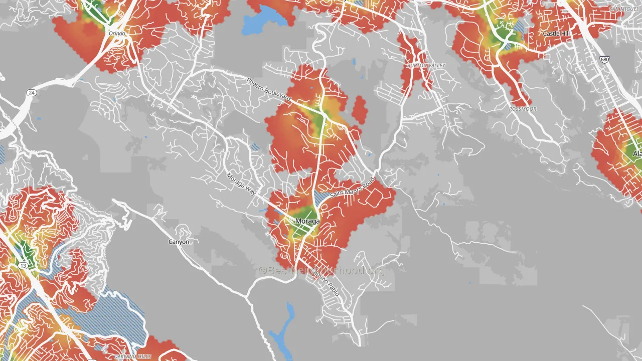 Walk Grade map of Moraga, CA, walkable areas in green and car-dependent areas in red
