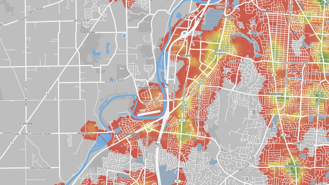 Walk Grade map of Moraine, OH, walkable areas in green and car-dependent areas in red