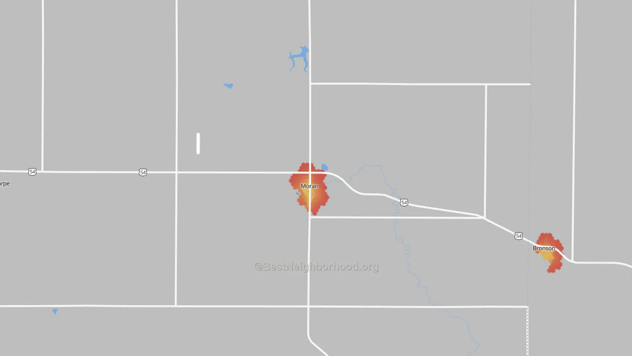 Walk Grade map of Moran, KS, walkable areas in green and car-dependent areas in red