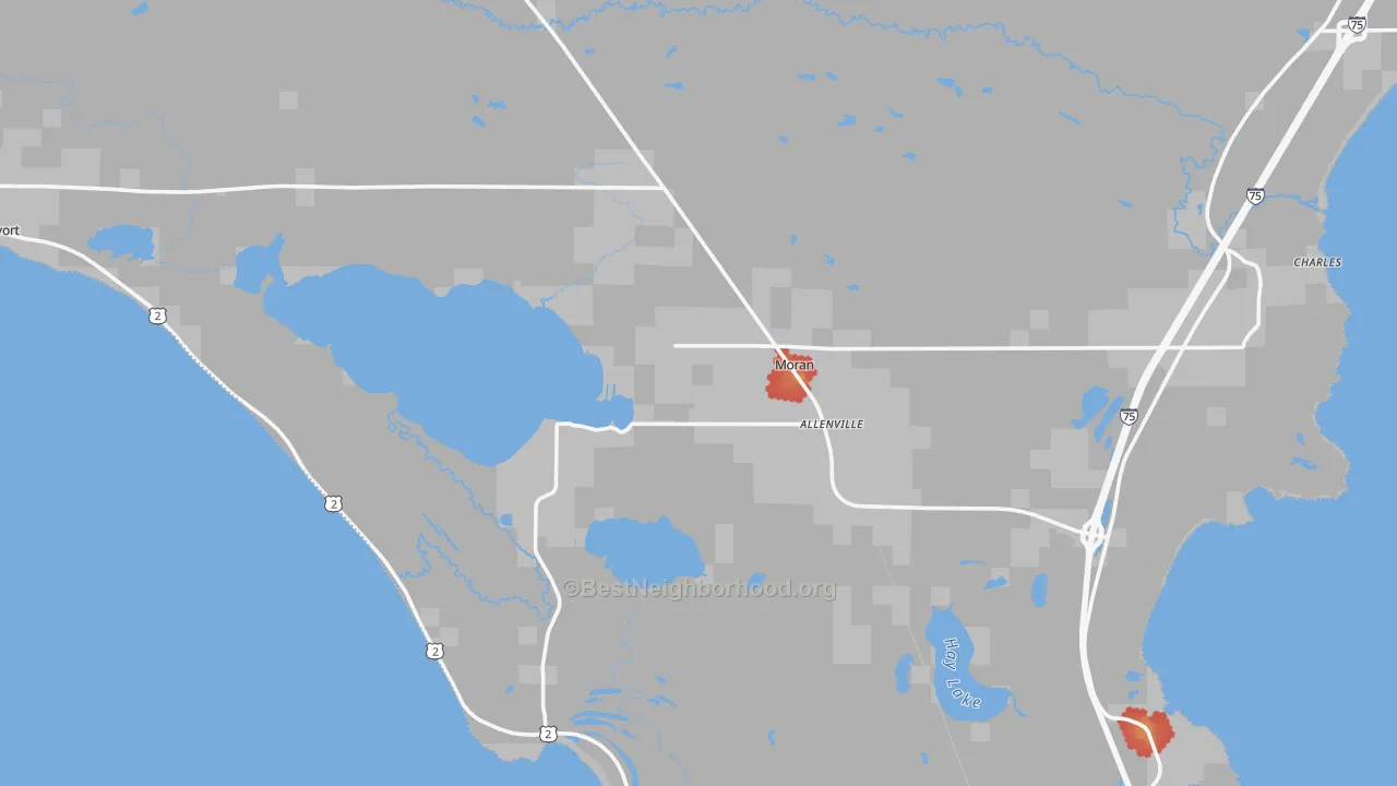 Walk Grade map of Moran, MI, walkable areas in green and car-dependent areas in red