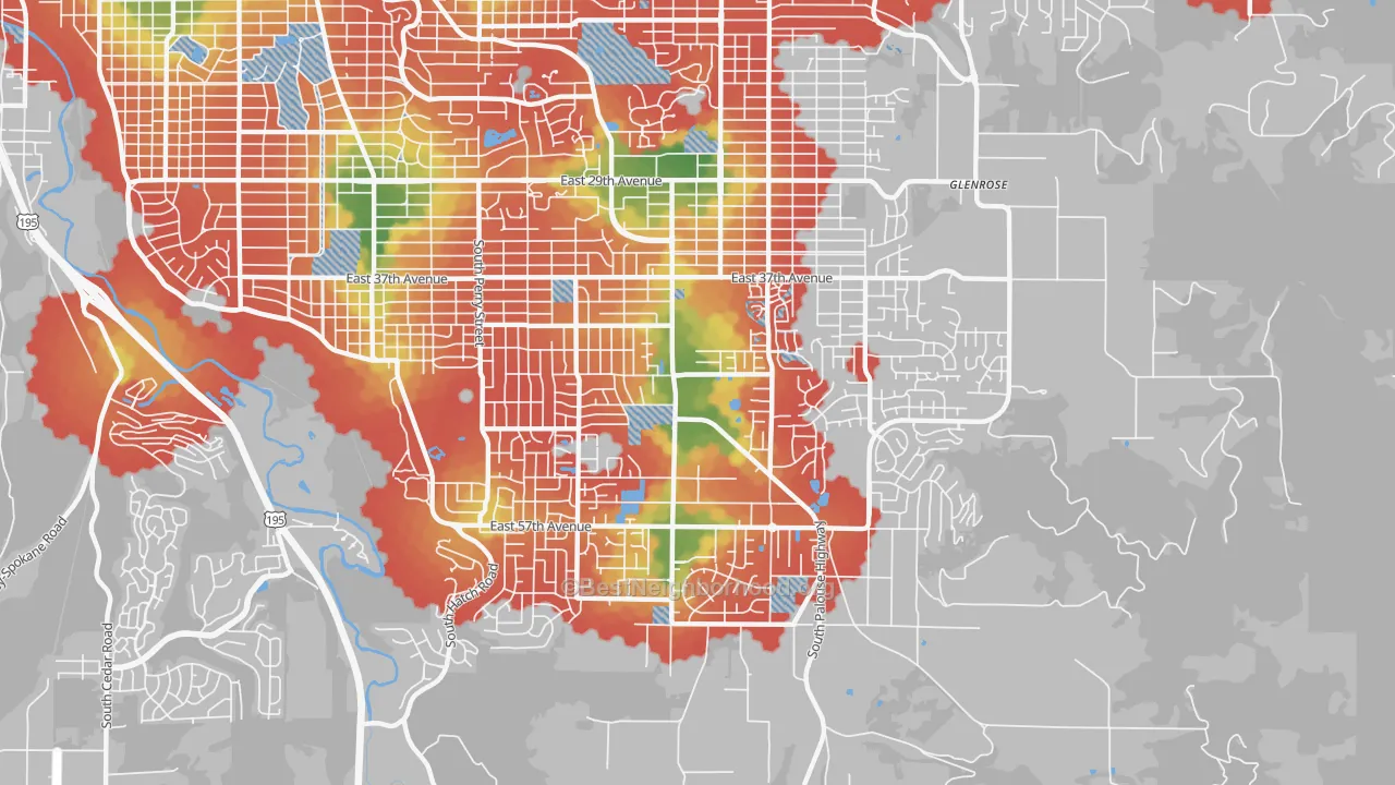 Walk Grade map of Moran Prairie, Spokane, WA, walkable areas in green and car-dependent areas in red