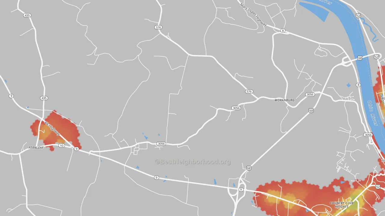 Walk Grade map of Moranburg, KY, walkable areas in green and car-dependent areas in red