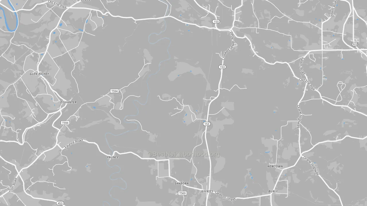Walk Grade map of Morann, PA, walkable areas in green and car-dependent areas in red