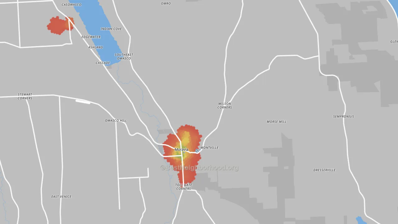 Walk Grade map of Moravia, NY, walkable areas in green and car-dependent areas in red