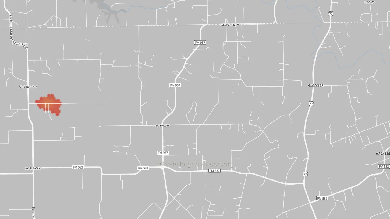 Walk Grade map of Moravia, TX, walkable areas in green and car-dependent areas in red