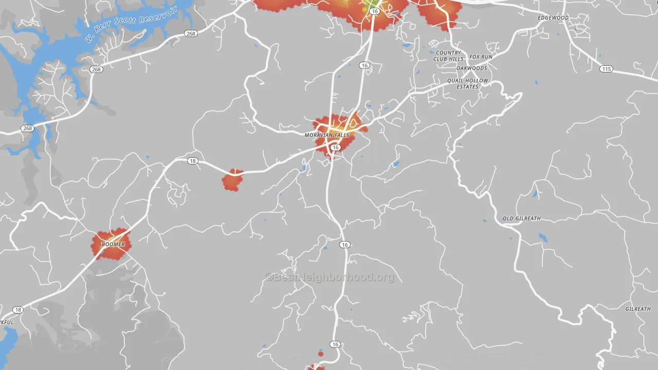 Walk Grade map of Moravian Falls, NC, walkable areas in green and car-dependent areas in red