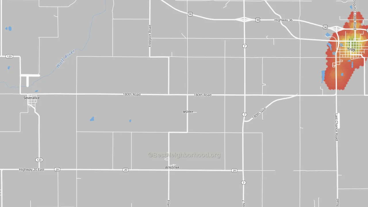 Walk Grade map of Moray, KS, walkable areas in green and car-dependent areas in red