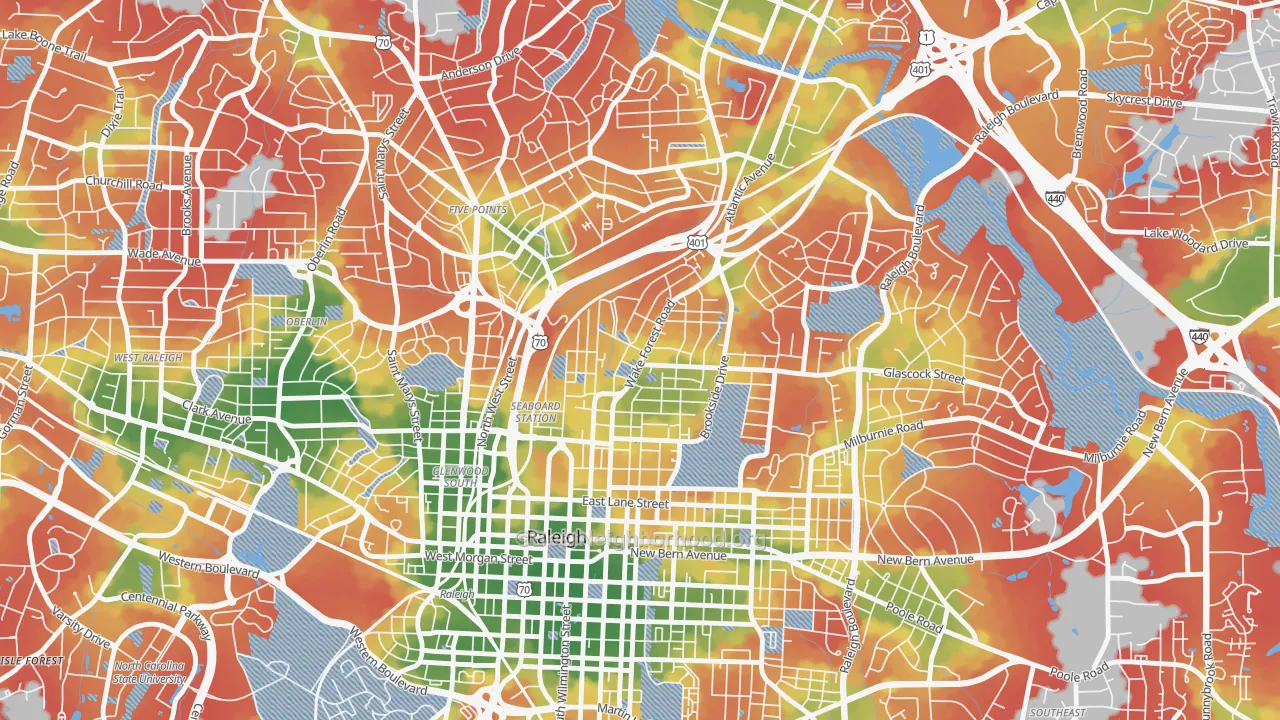 Walk Grade map of Mordecai, Raleigh, NC, walkable areas in green and car-dependent areas in red