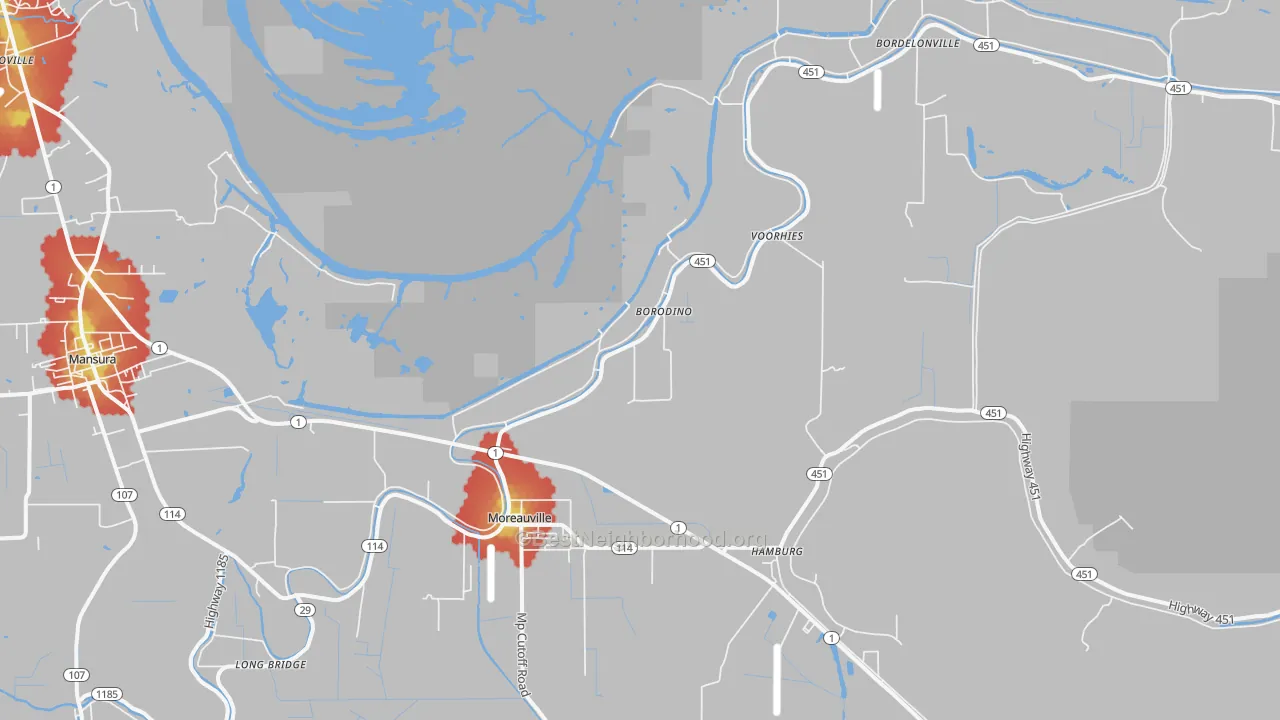 Walk Grade map of Moreauville, LA, walkable areas in green and car-dependent areas in red