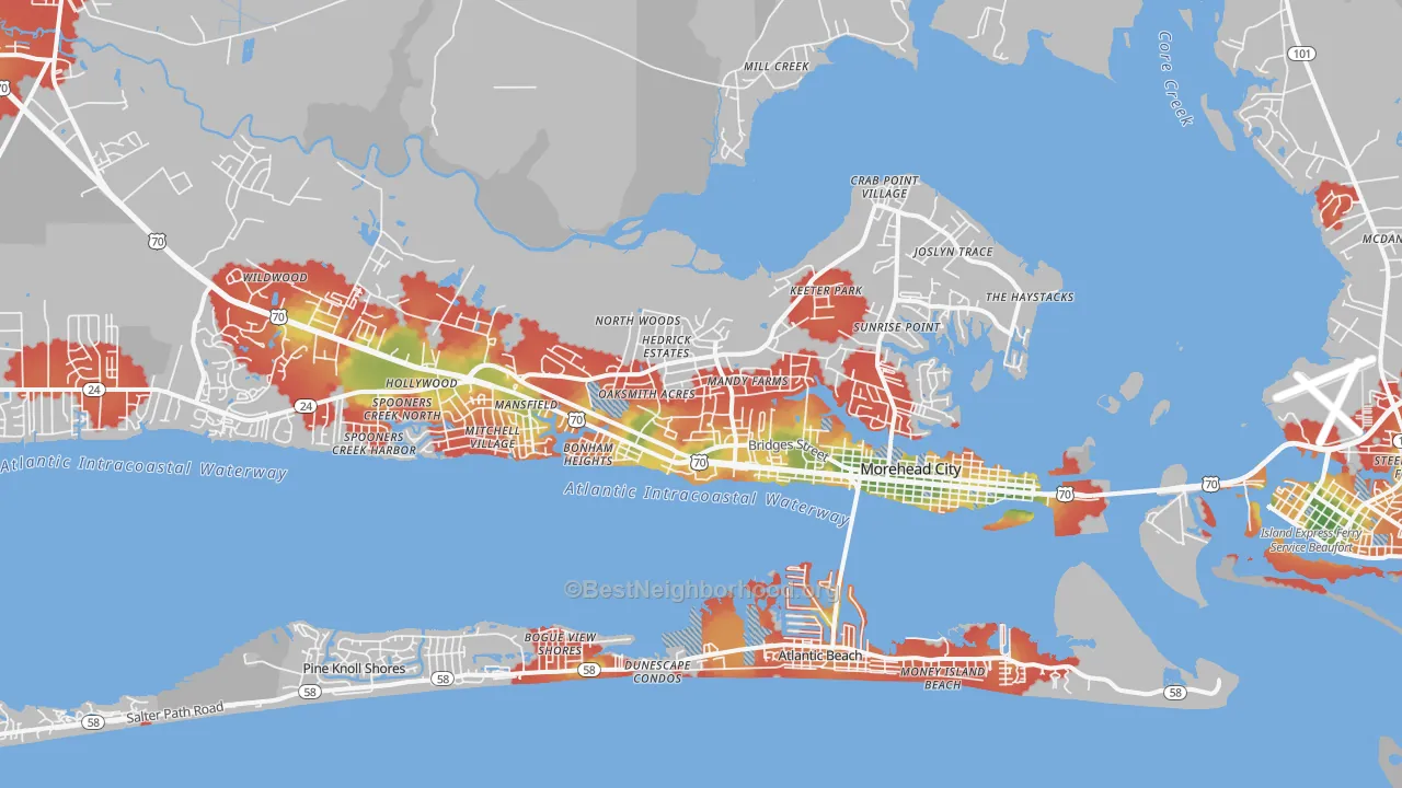 Walk Grade map of Morehead City, NC, walkable areas in green and car-dependent areas in red