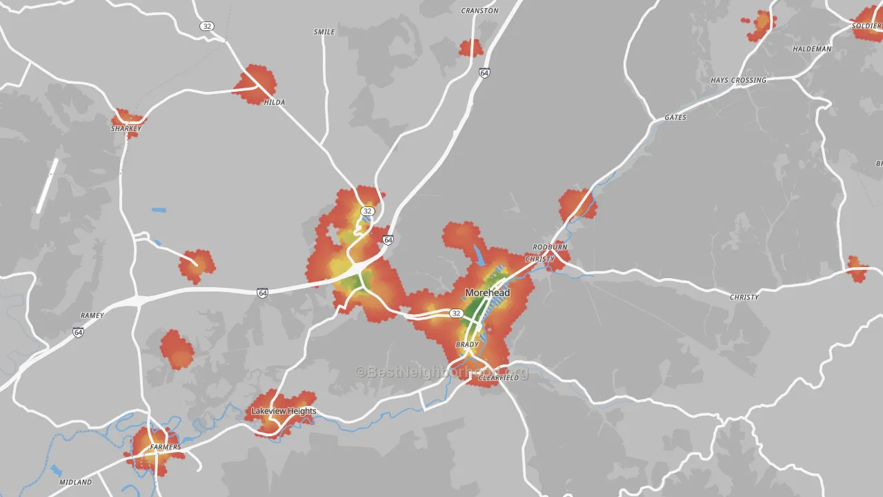Walk Grade map of Morehead, KY, walkable areas in green and car-dependent areas in red