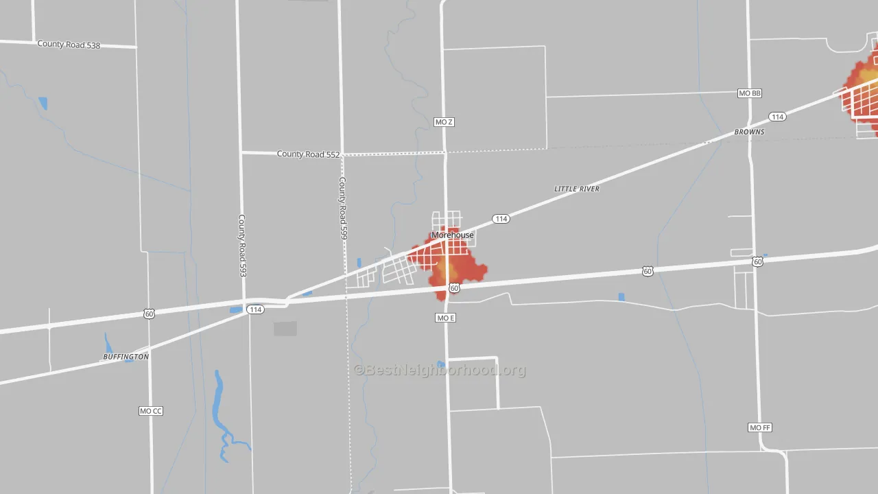 Walk Grade map of Morehouse, MO, walkable areas in green and car-dependent areas in red