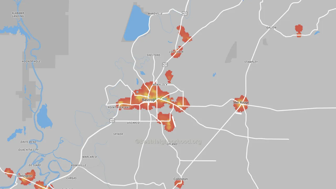 Walk Grade map of Morehouse Parish, LA, walkable areas in green and car-dependent areas in red